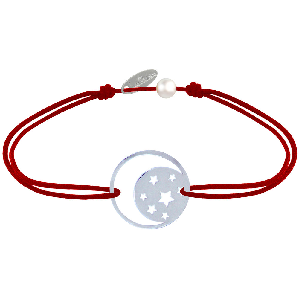 LES POULETTES BIJOUX Bracelet Lien Médaille Argent 925 Lune et Etoiles - Rouge