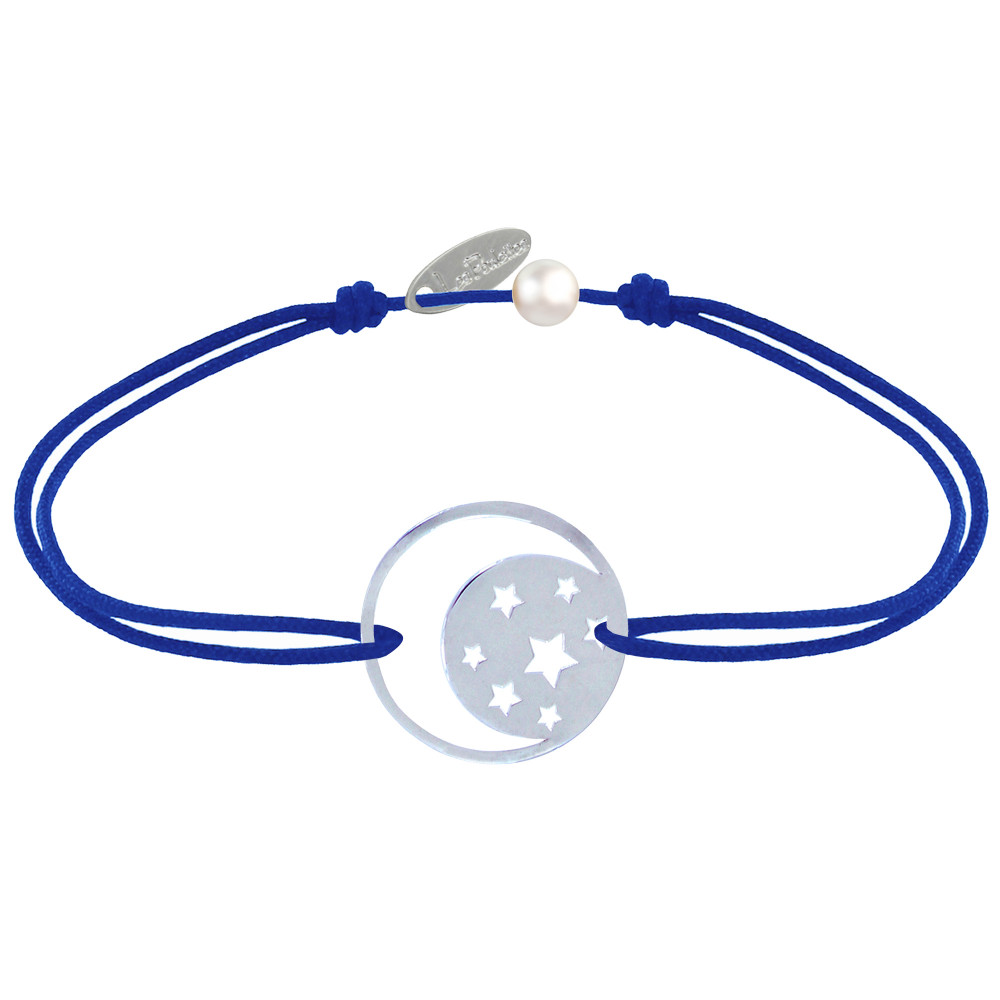 LES POULETTES BIJOUX Bracelet Lien Médaille Argent 925 Lune et Etoiles - Bleu Navy
