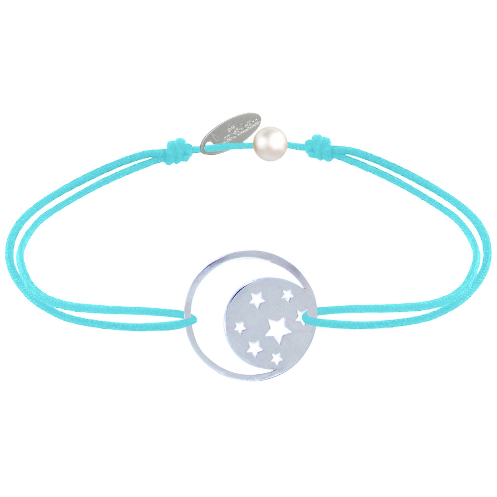 LES POULETTES BIJOUX Bracelet Lien Médaille Argent 925 Lune et Etoiles - Turquoise