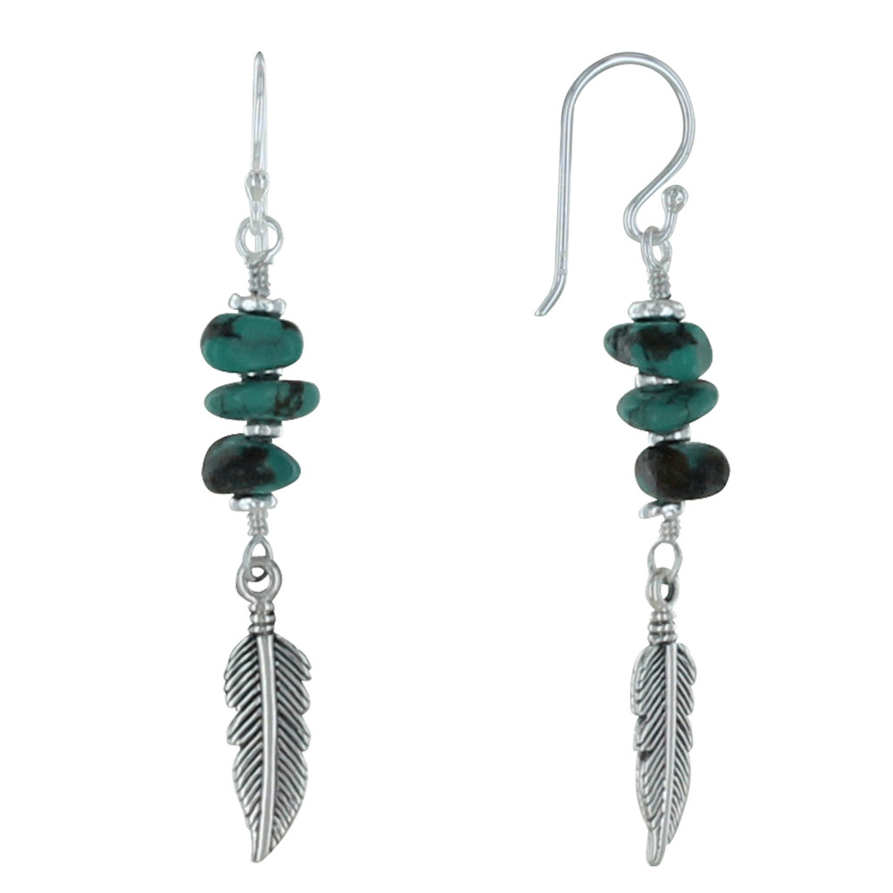 LES POULETTES BIJOUX Boucles d'Oreilles Argent Plume et Trois Pépites de Turquoise