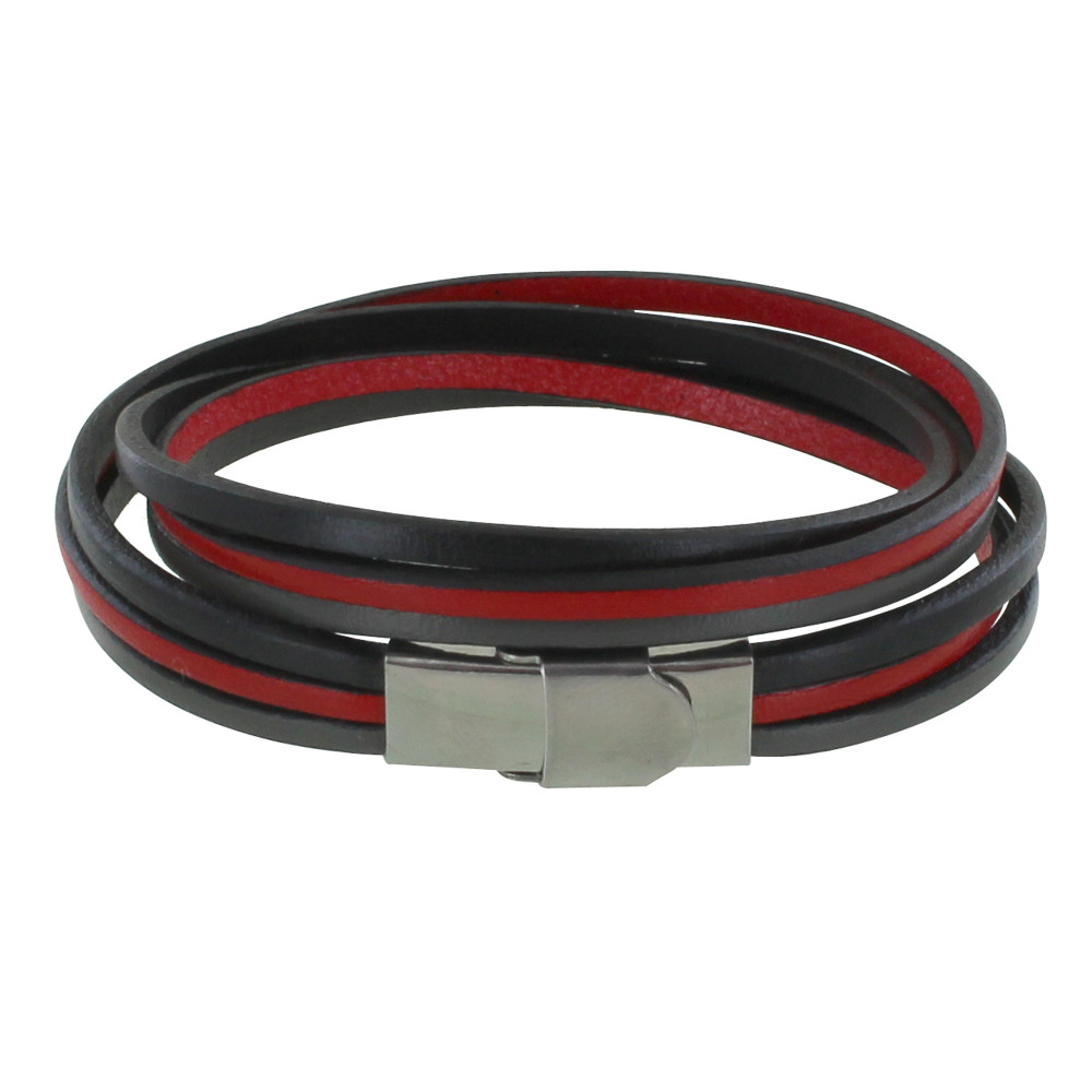 LES POULETTES BIJOUX Bracelet Femme Cuir Trois Lanières Noir Rouge Gris Fermoir Acie