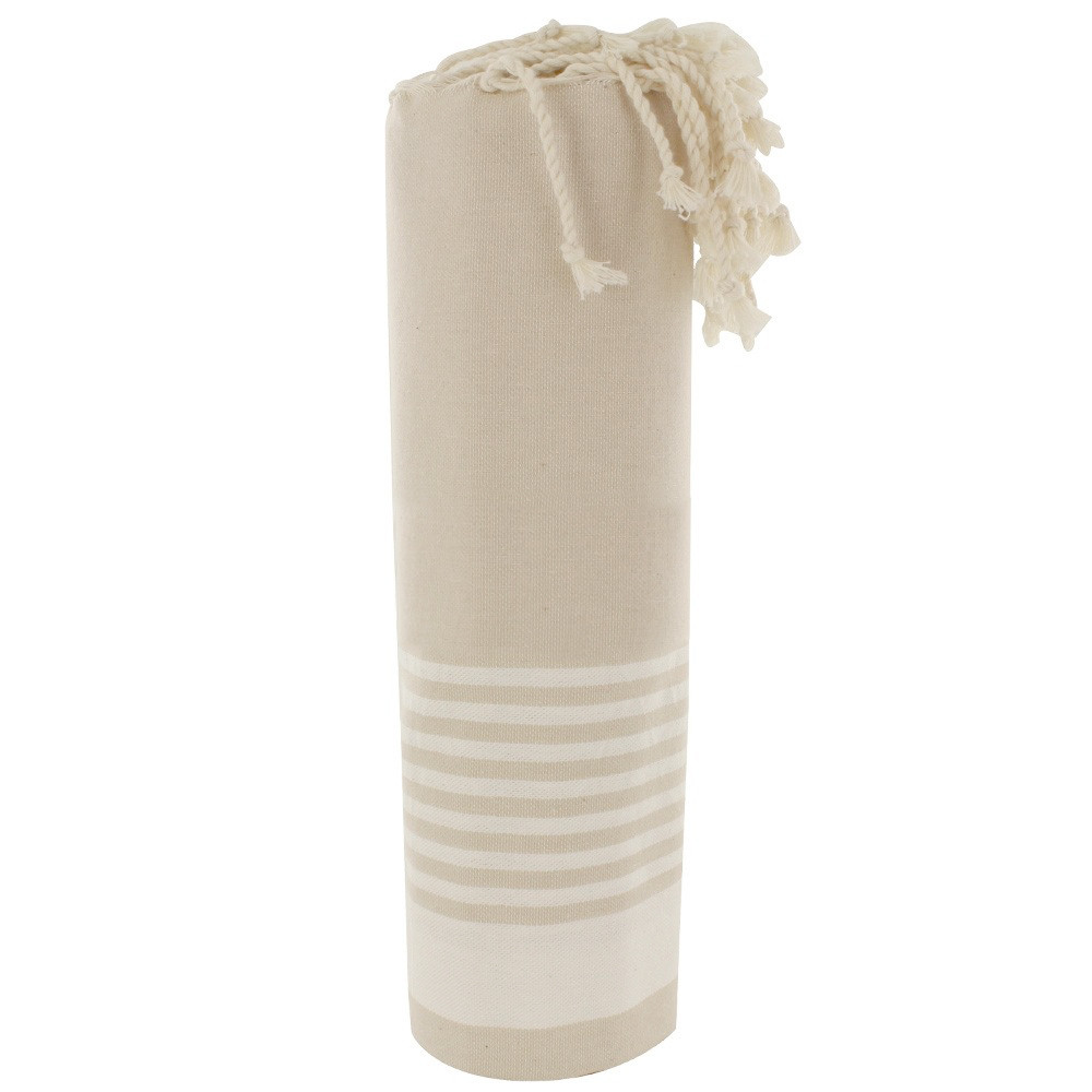 LES POULETTES BIJOUX Fouta Drap Plage et Hammam Coton Beige Rayé Blanc 100 x 200cm