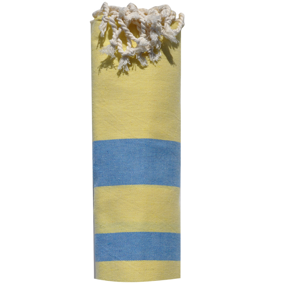LES POULETTES BIJOUX Fouta Drap Plage et Hammam Coton Jaune Rayé Bleu 100 x 200 cm