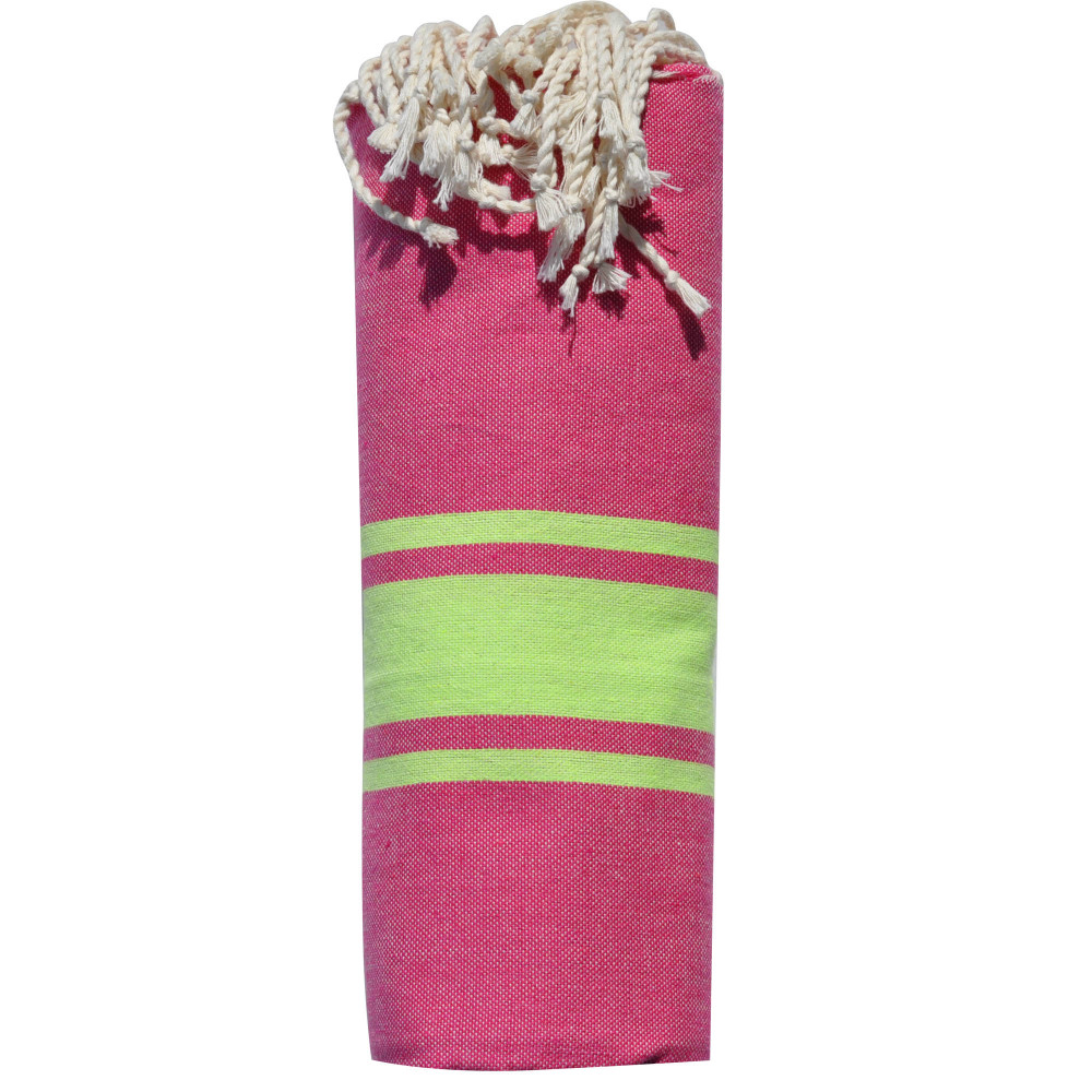 LES POULETTES BIJOUX Fouta Drap Plage et Hammam Coton Couleur Fuchsia Bandes Jaune F