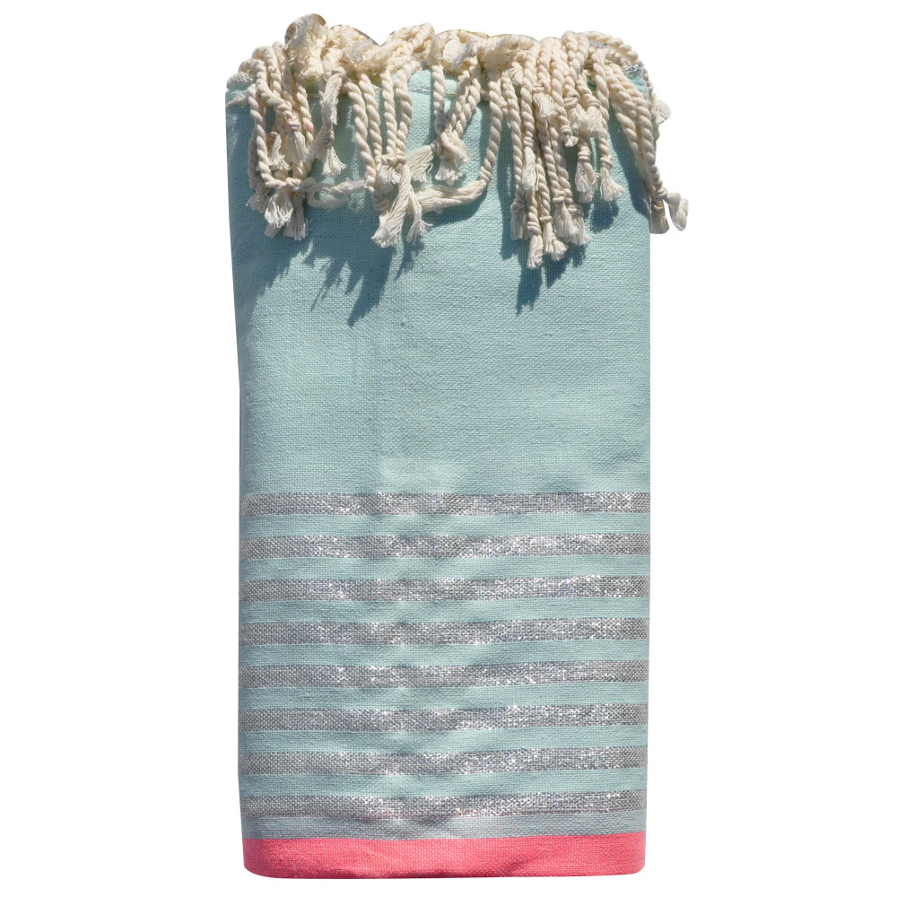 LES POULETTES BIJOUX Grand Fouta Drap Plage et Hammam Coton Vert d'Eau Bande Rose Fl