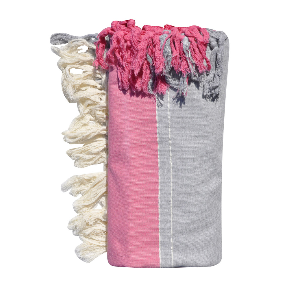 LES POULETTES BIJOUX Grand Fouta Drap Plage et Hammam Coton Fuchsia et Gris Clair 15