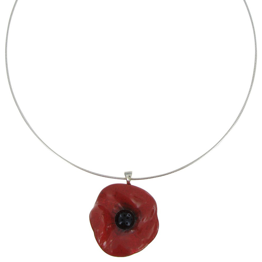LES POULETTES BIJOUX Collier Céramique Coquelicot Rouge Avec Pistil Chaine Serpent M