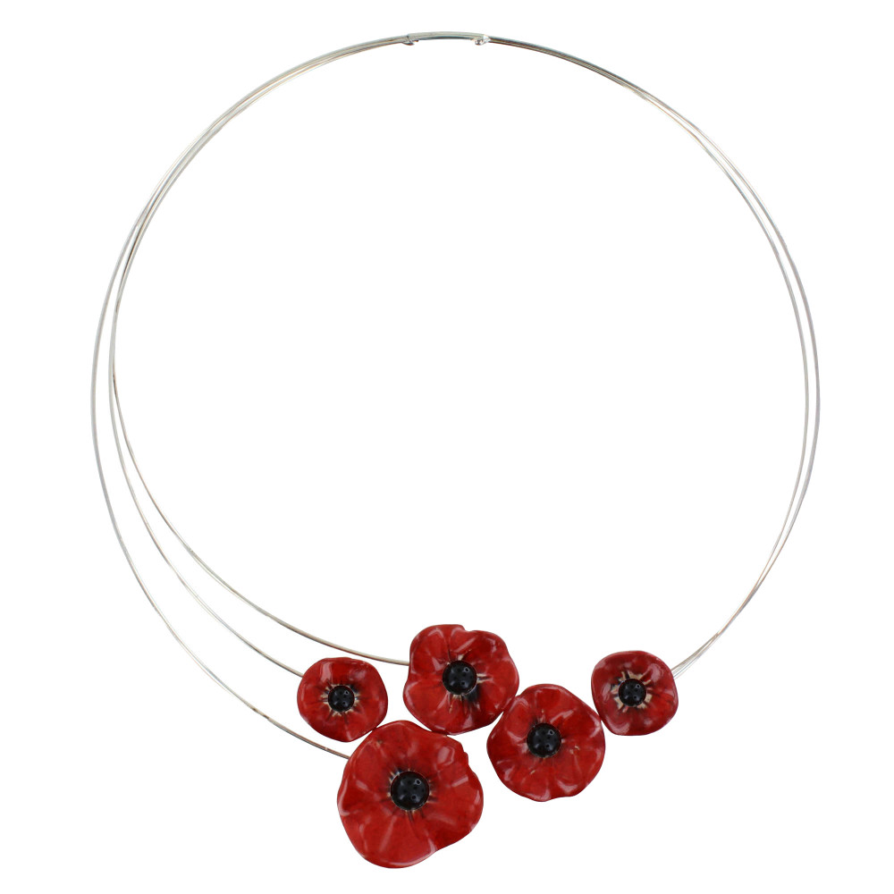 LES POULETTES BIJOUX Collier Ras de Cou Cinq Coquelicots Céramique Rouge Avec Pistil