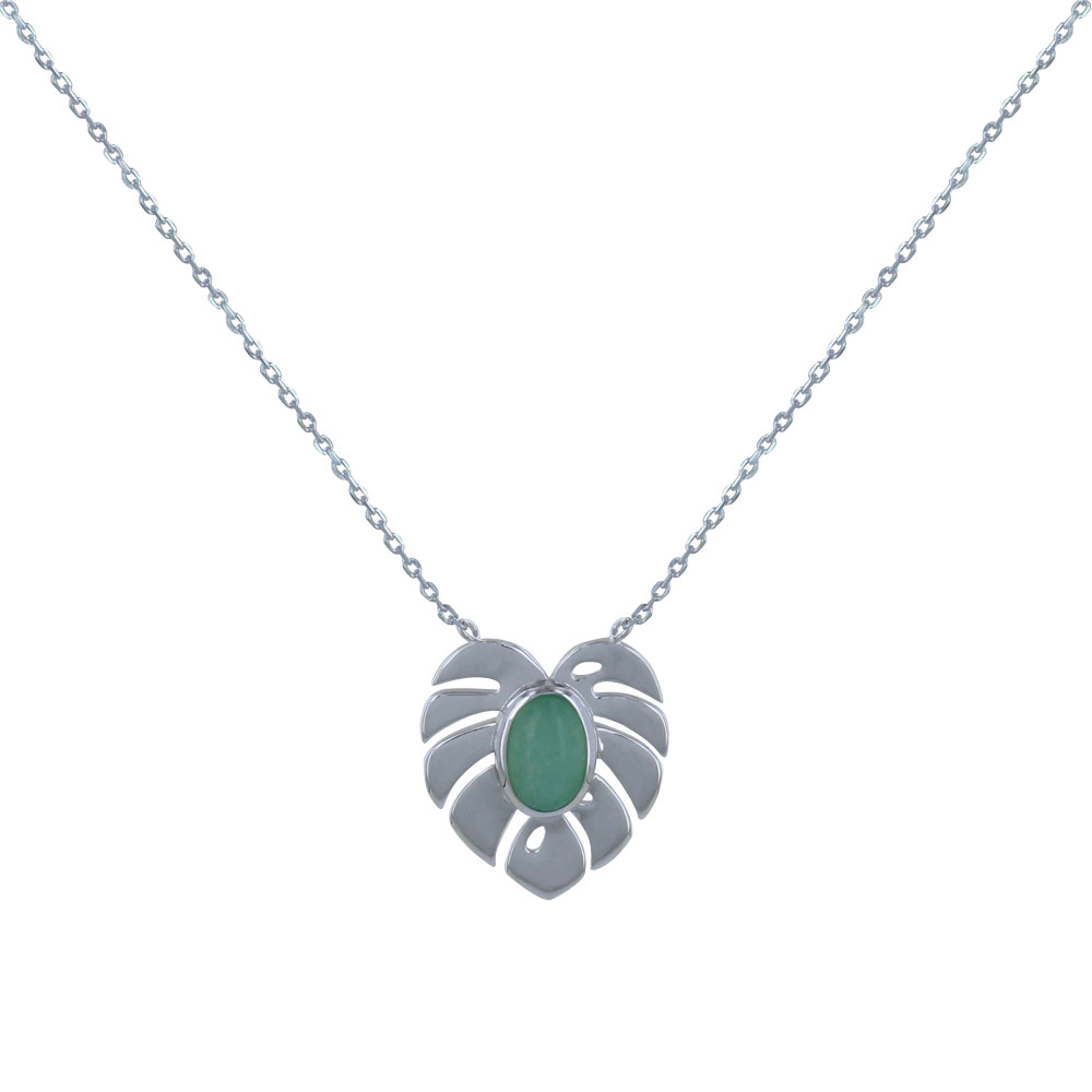 LES POULETTES BIJOUX Collier Argent 925 Rhodié Feuille et Ovale d'Aventurine