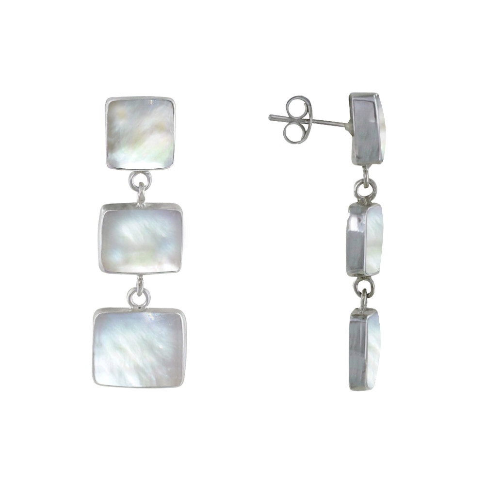 LES POULETTES BIJOUX Boucles d'Oreilles Argent Un Carré et Deux Rectangles de Nacre