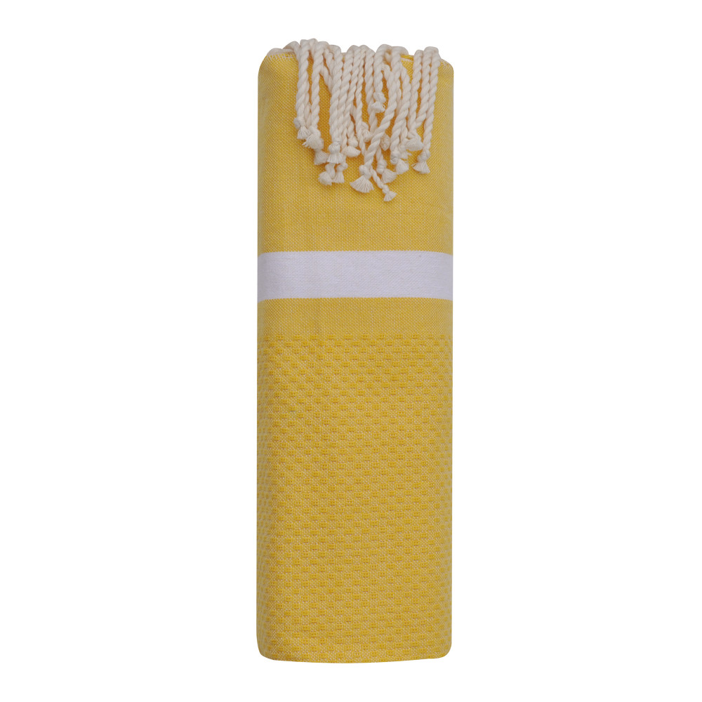 LES POULETTES BIJOUX Fouta Drap Plage et Hammam Coton Nid d'Abeille Jaune avec Bande