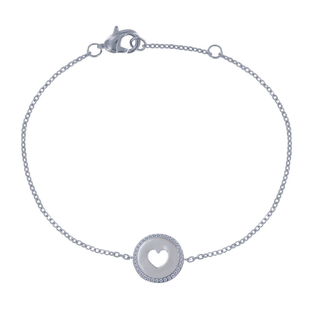 LES POULETTES BIJOUX Bracelet Argent 925 Rhodié Médaille Ronde Coeur Ajouré et Strass