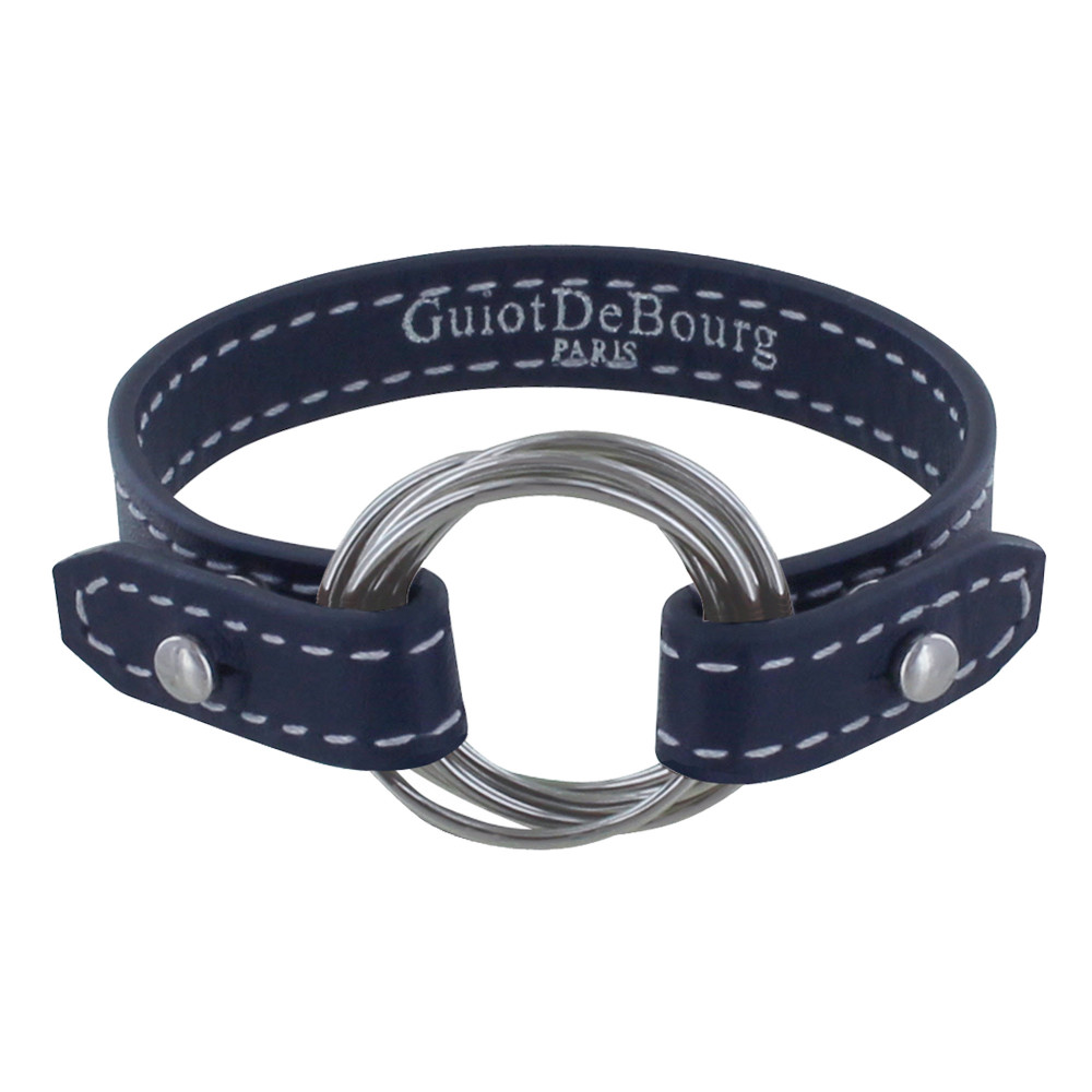 LES POULETTES BIJOUX Bracelet Cuir et 6 Anneaux Argent 925 - Bleu Navy