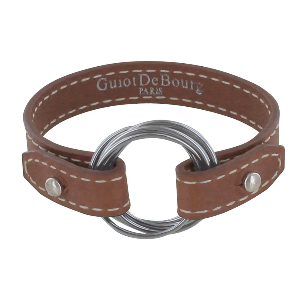 LES POULETTES BIJOUX Bracelet Cuir et 6 Anneaux Argent 925 - Marron clair
