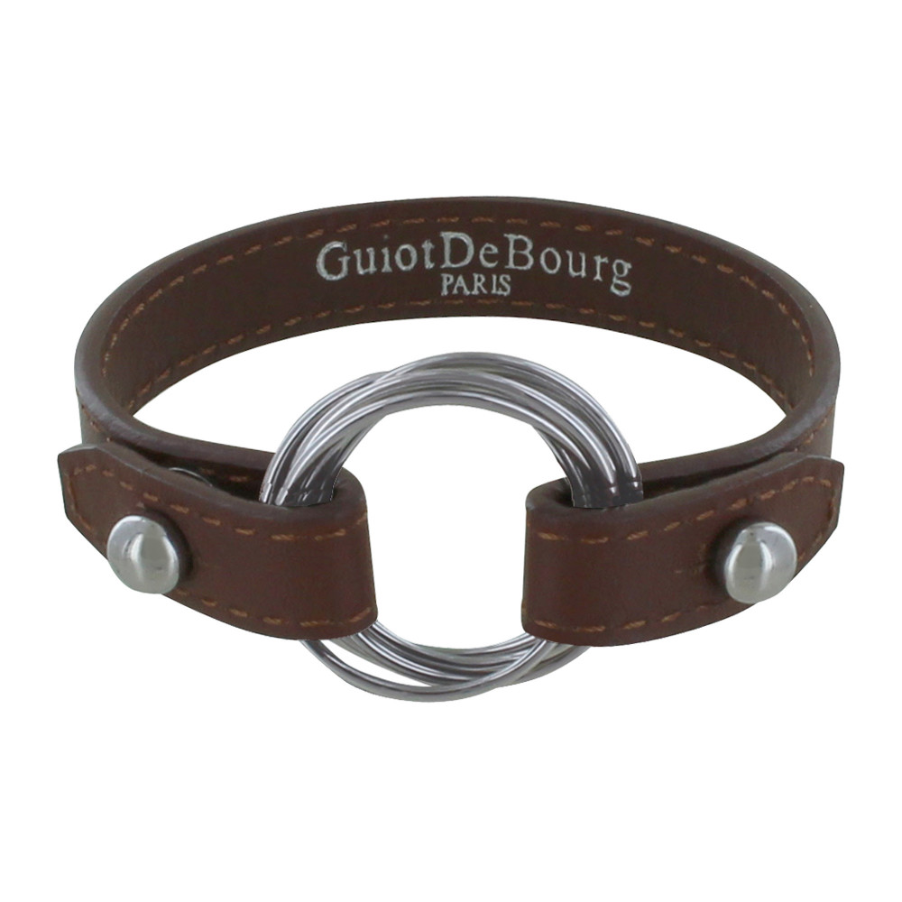LES POULETTES BIJOUX Bracelet Cuir et 6 Anneaux Argent 925 - Marron foncé