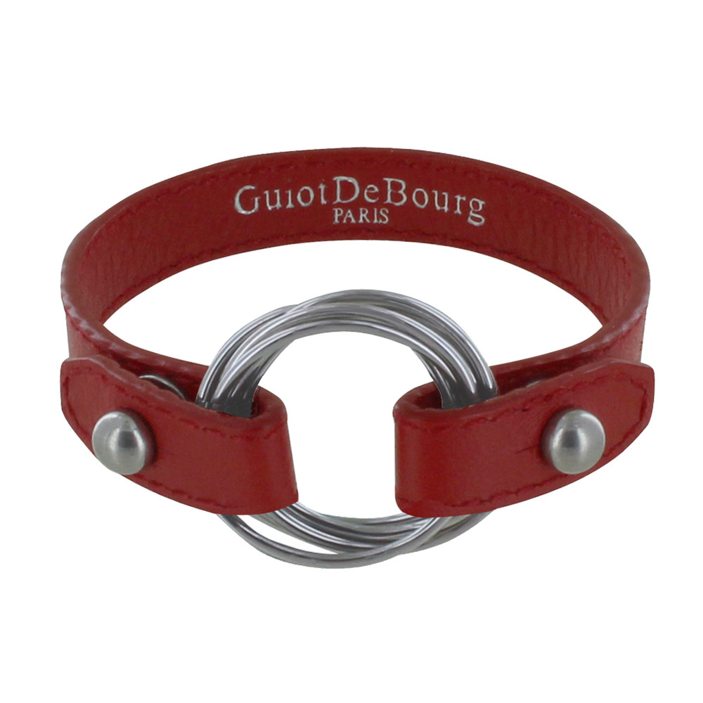 LES POULETTES BIJOUX Bracelet Cuir et 6 Anneaux Argent 925 - Rouge