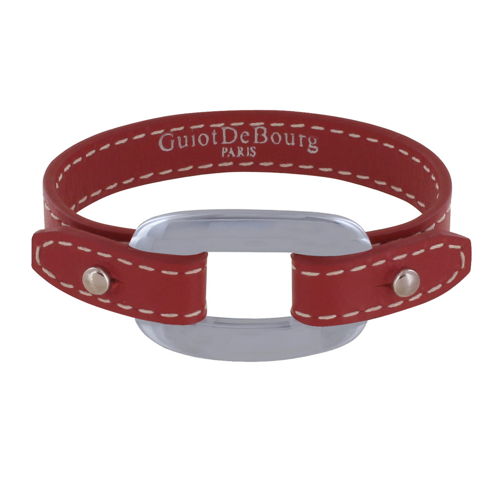 LES POULETTES BIJOUX Bracelet Cuir et Maille Rectangle Plate Argent 925 - Rouge Prof
