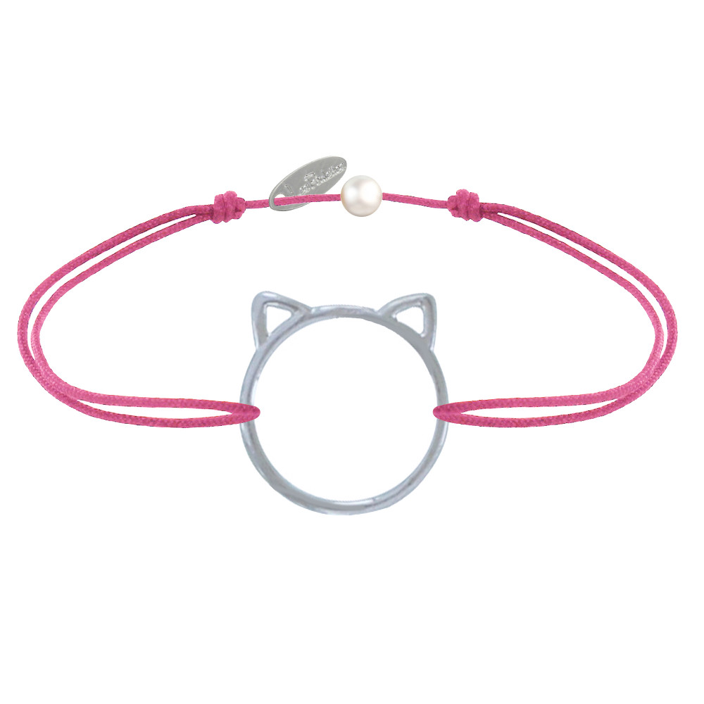 LES POULETTES BIJOUX Bracelet Lien Médaille Argent 925 Tête de Chat Ajouré - Fuchsia