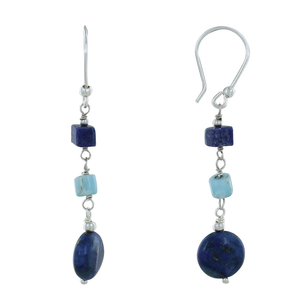 LES POULETTES BIJOUX Boucles d'Oreilles Argent Cylindre de Larimar Cube et Bouton de