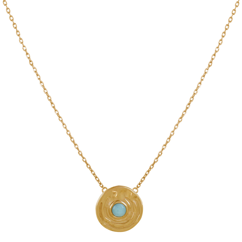 LES POULETTES BIJOUX Collier Chaine Plaqué Or Médaille Ronde et Demi Perle de Larimar