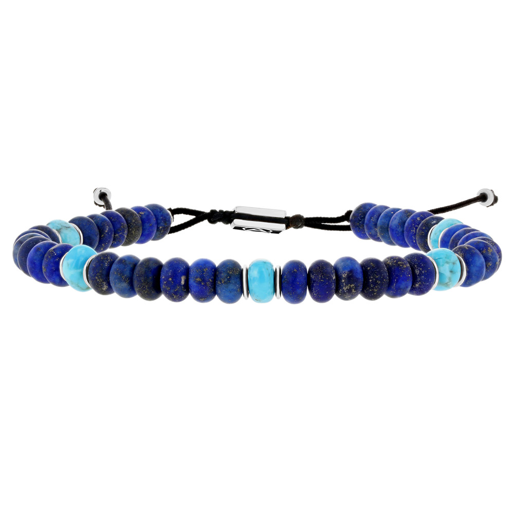 LES POULETTES BIJOUX Bracelet Lien Homme Perles Plates Kingman Turquoise et Lapis La