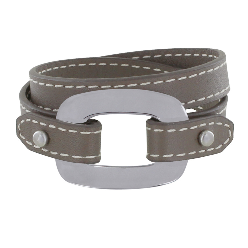 LES POULETTES BIJOUX Bracelet Double Tour Cuir et Maille Rectangle Plate Argent 925