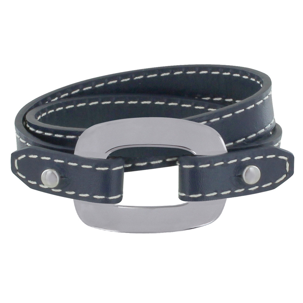 LES POULETTES BIJOUX Bracelet Double Tour Cuir et Maille Rectangle Plate Argent 925