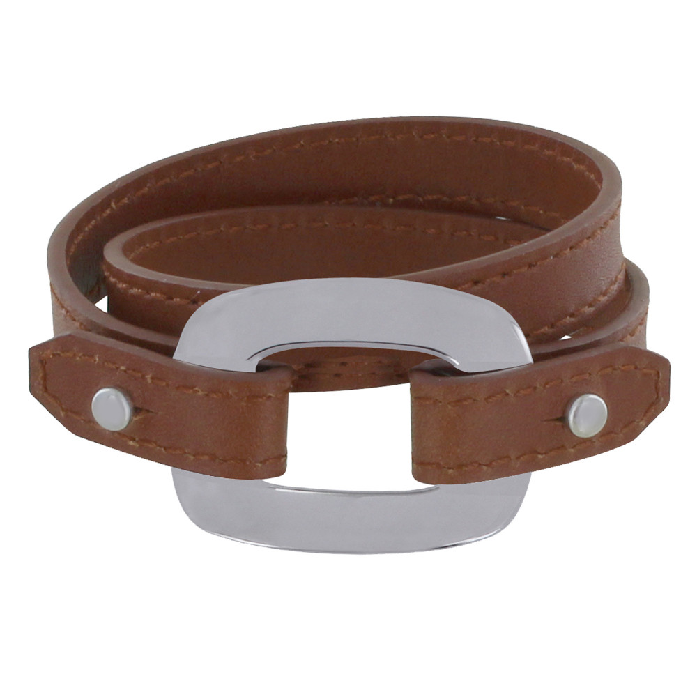 LES POULETTES BIJOUX Bracelet Double Tour Cuir et Maille Rectangle Plate Argent 925
