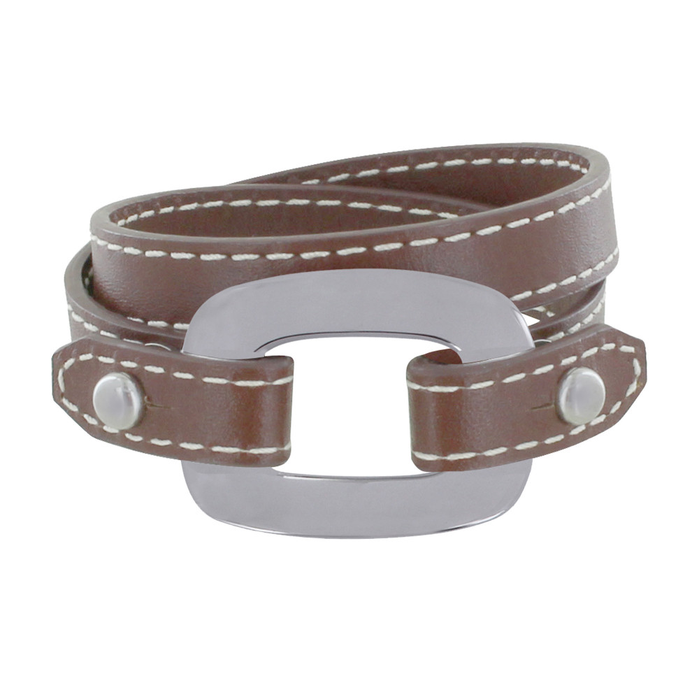 LES POULETTES BIJOUX Bracelet Double Tour Cuir et Maille Rectangle Plate Argent 925