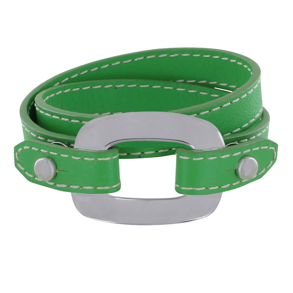 LES POULETTES BIJOUX Bracelet Double Tour Cuir et Maille Rectangle Plate Argent 925