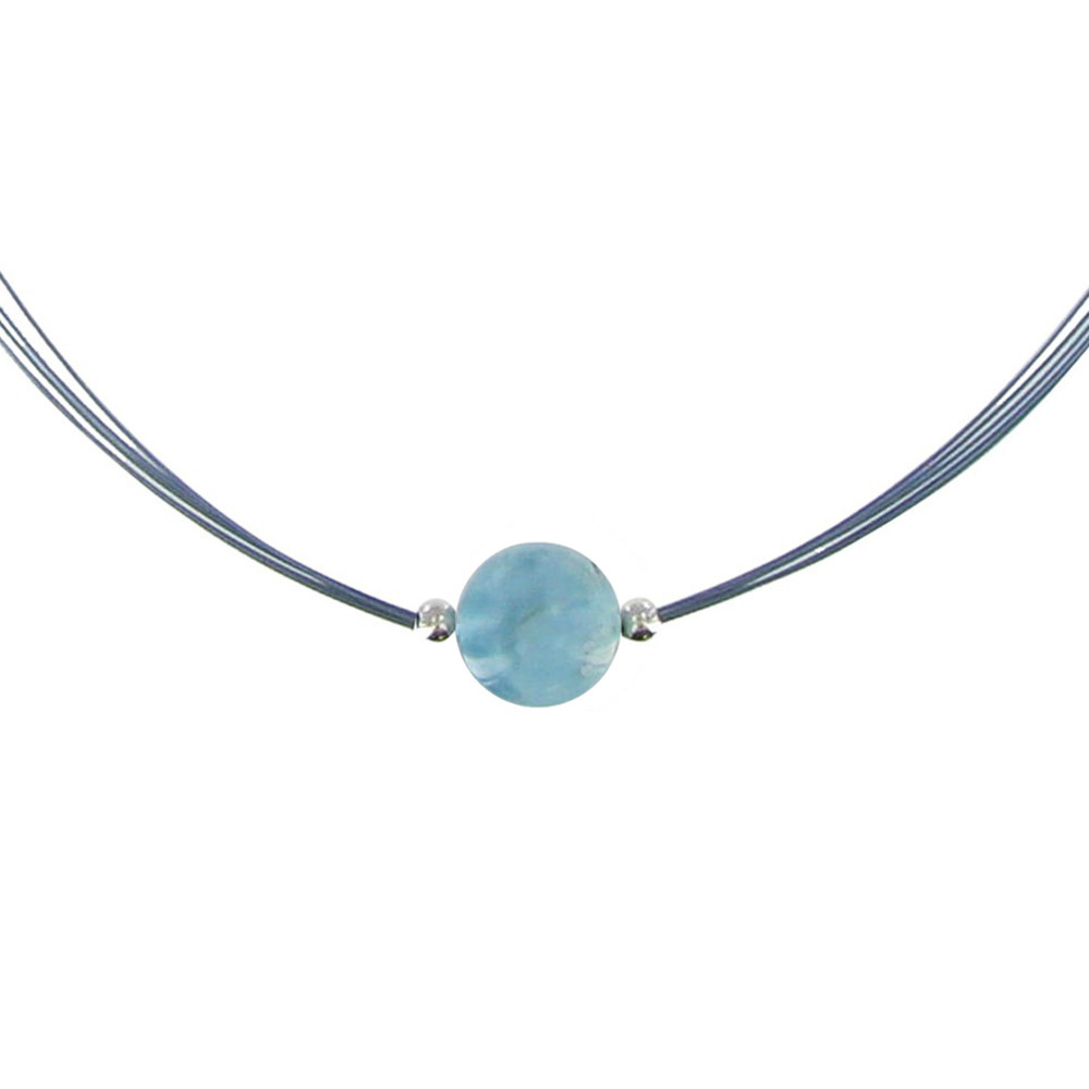 LES POULETTES BIJOUX Collier Argent 4 Câbles Bleu et sa Perle de Larimar 10mm