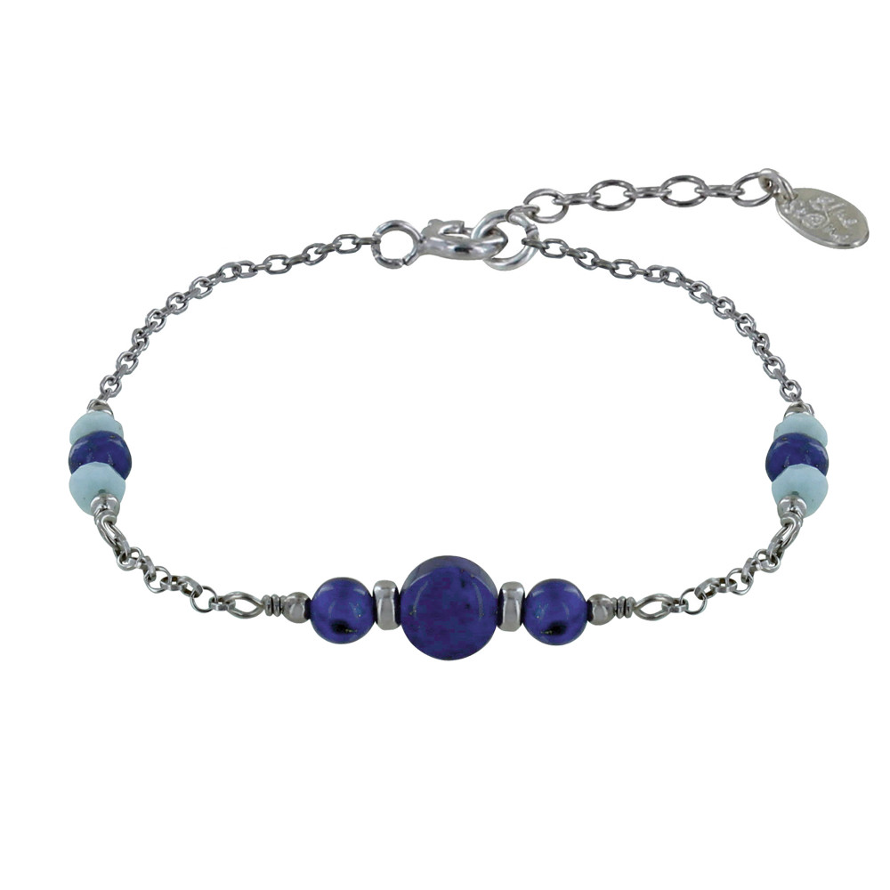 LES POULETTES BIJOUX Bracelet Argent Rhodié Un Bouton et 4 Perles de Lapis Lazuli Qu