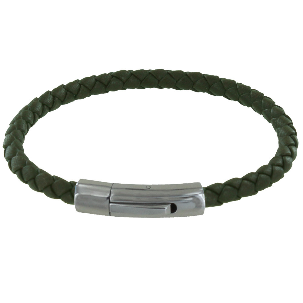 LES POULETTES BIJOUX Bracelet Homme Cuir Tréssé Rond 19cm - Vert