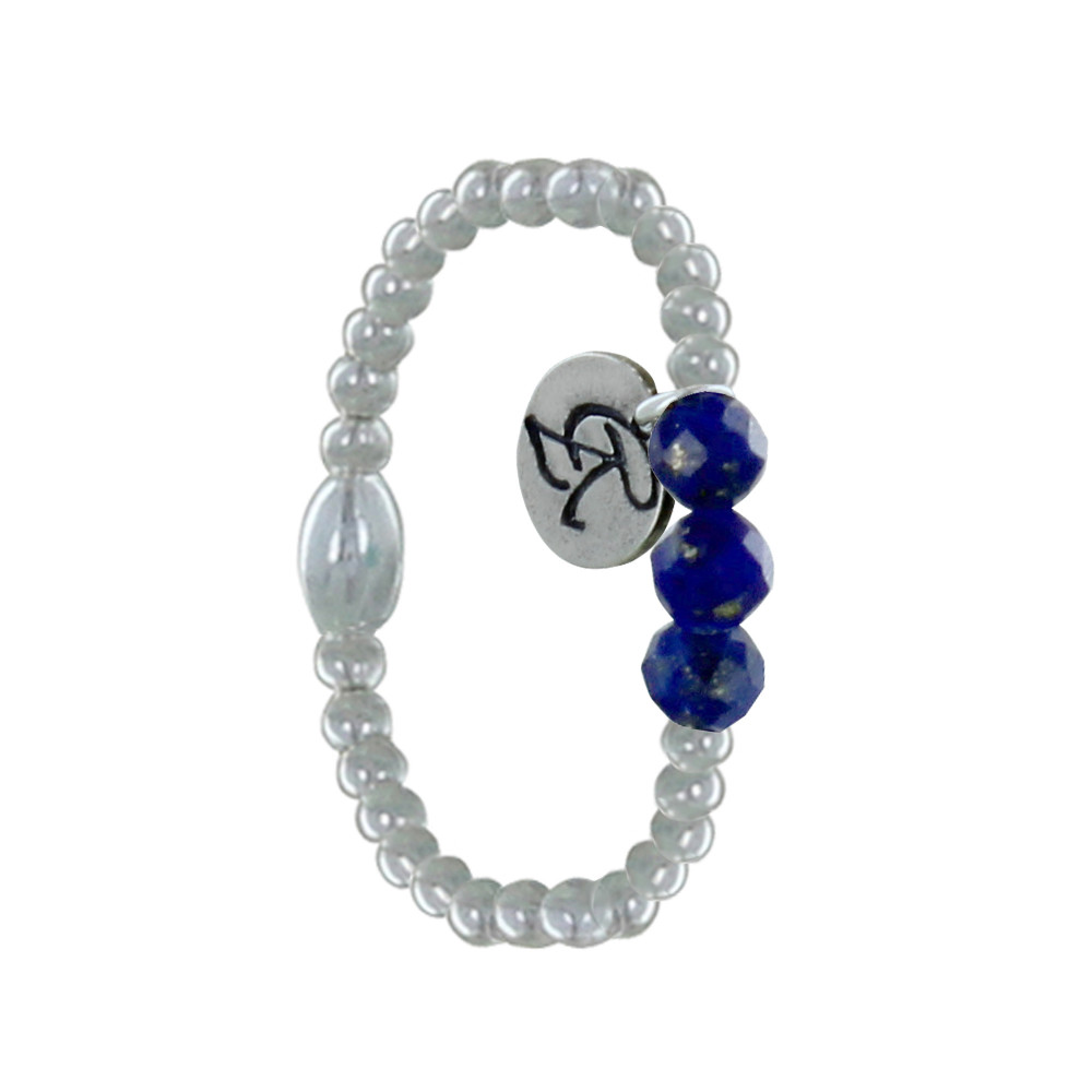 LES POULETTES BIJOUX Bague Argent 925 Elastique Bille et Trois Perles de Lapis Lazul