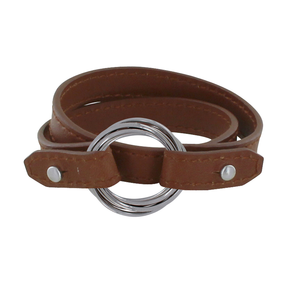 LES POULETTES BIJOUX Bracelet Double Tour Cuir et 6 Anneaux Argent 925 - Marron clair
