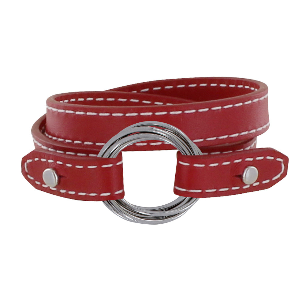 LES POULETTES BIJOUX Bracelet Double Tour Cuir et 6 Anneaux Argent 925 - Rouge