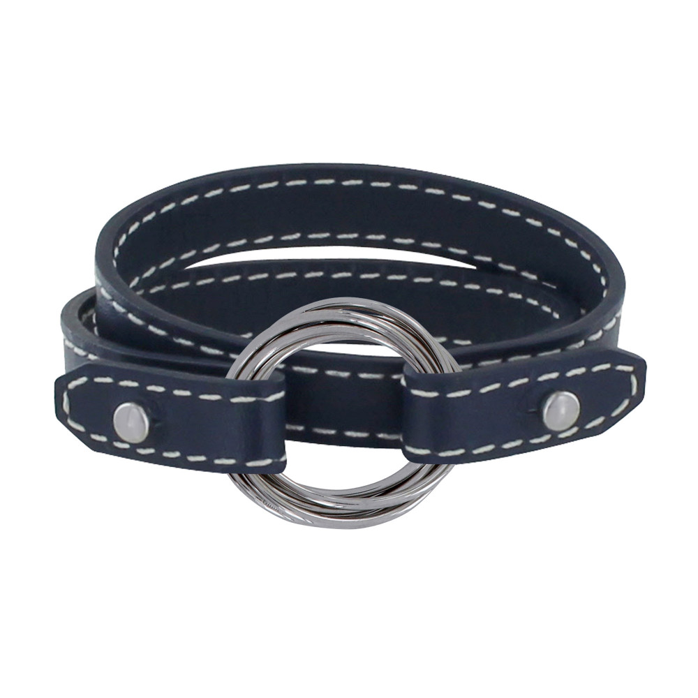LES POULETTES BIJOUX Bracelet Double Tour Cuir et 6 Anneaux Argent 925 - Bleu Navy