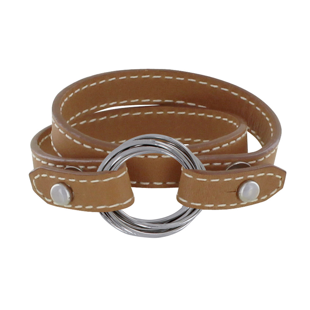 LES POULETTES BIJOUX Bracelet Double Tour Cuir et 6 Anneaux Argent 925 - Or
