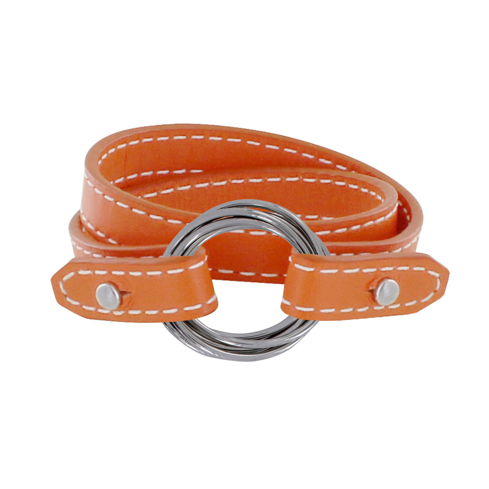 LES POULETTES BIJOUX Bracelet Double Tour Cuir et 6 Anneaux Argent 925 - Orange