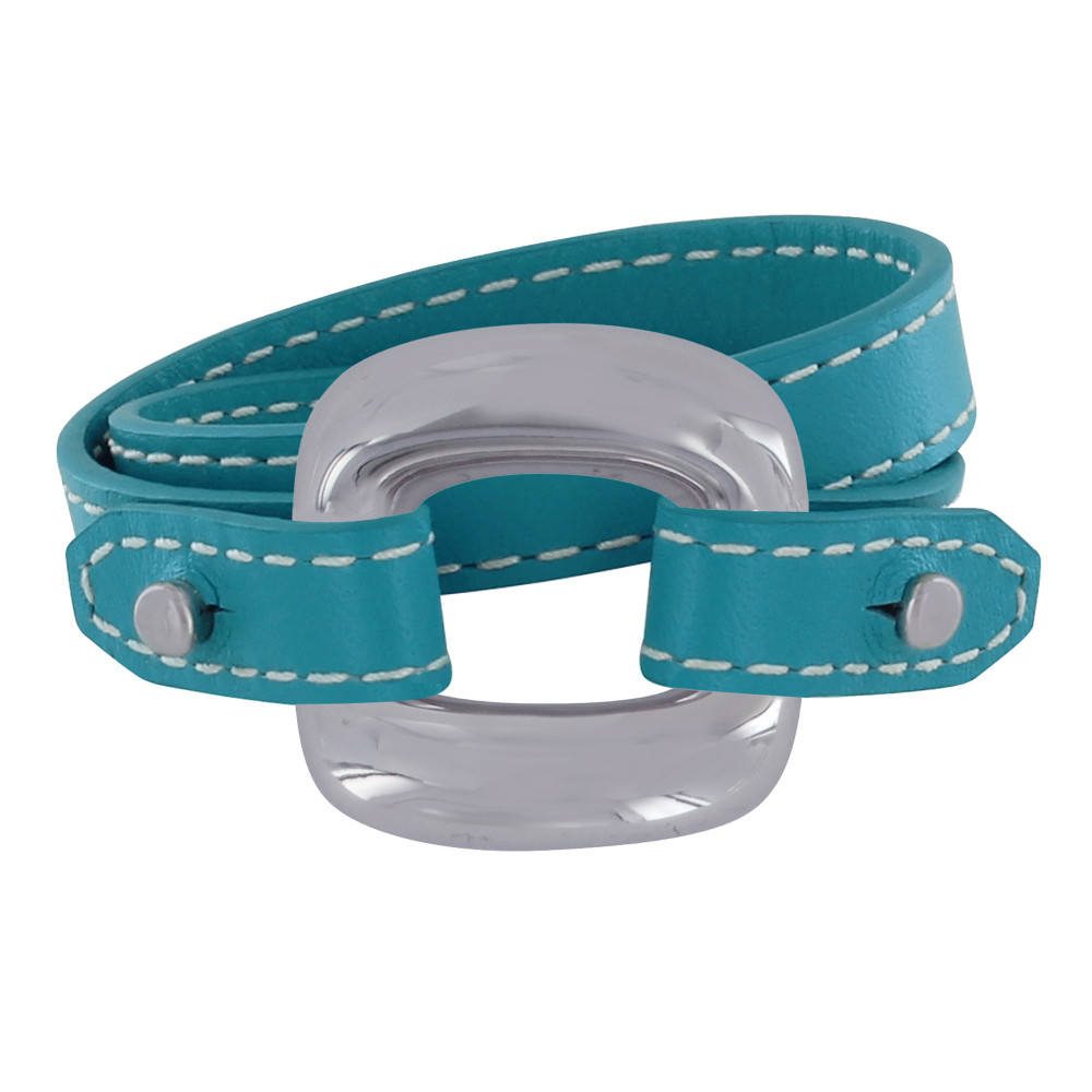 LES POULETTES BIJOUX Bracelet Double Tour Cuir et Maille Carrée Argent 925 - Turquoi