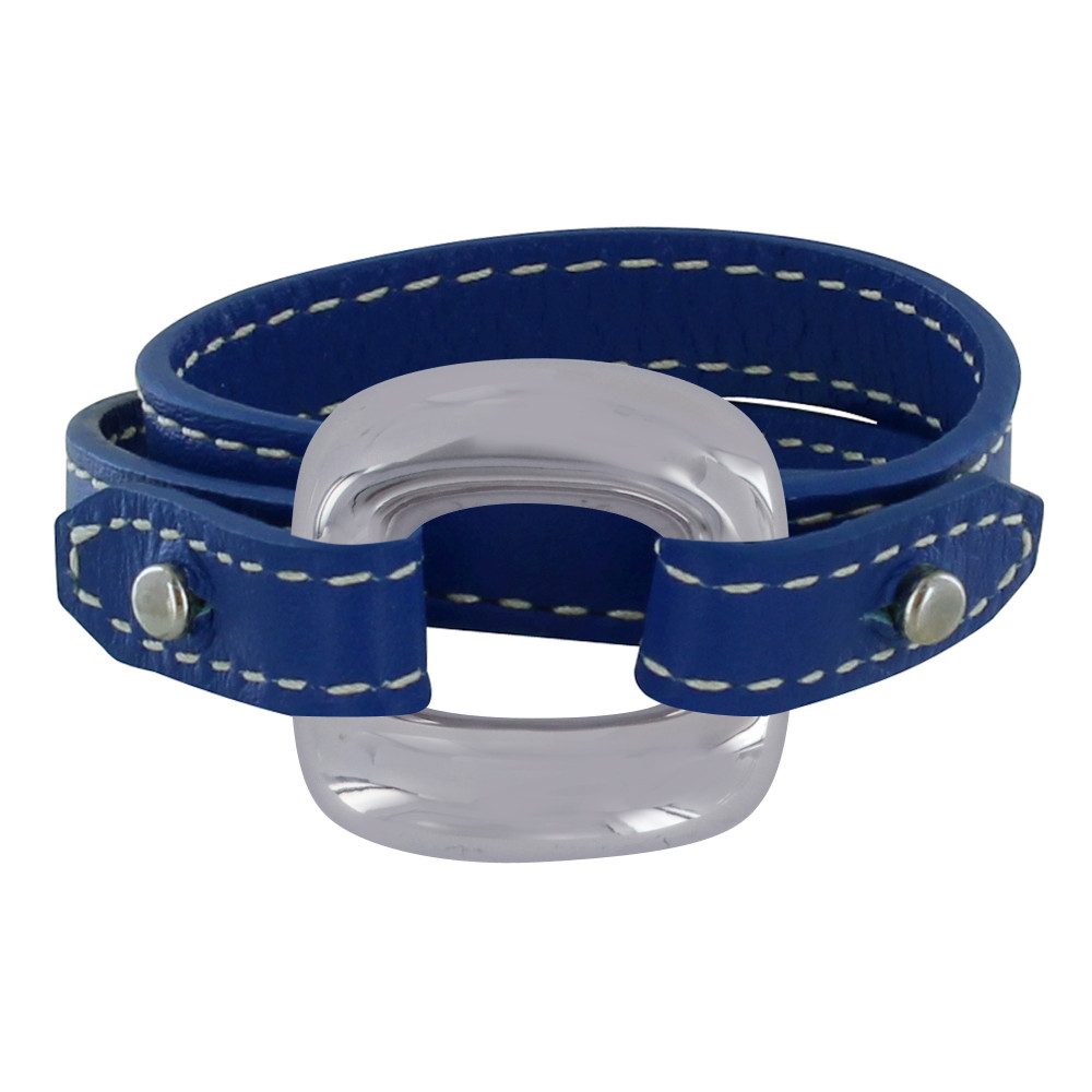 LES POULETTES BIJOUX Bracelet Double Tour Cuir et Maille Carrée Argent 925 - Bleu