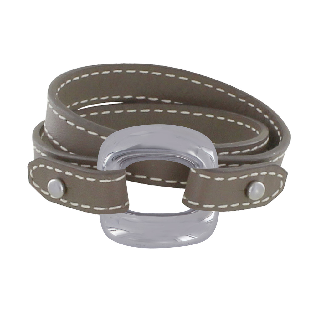 LES POULETTES BIJOUX Bracelet Double Tour Cuir et Maille Carrée Argent 925 - Beige