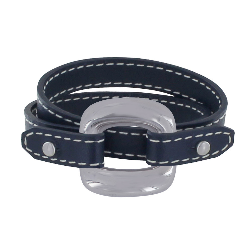 LES POULETTES BIJOUX Bracelet Double Tour Cuir et Maille Carrée Argent 925 - Bleu Na