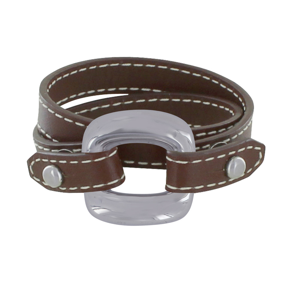 LES POULETTES BIJOUX Bracelet Double Tour Cuir et Maille Carrée Argent 925 - Marron