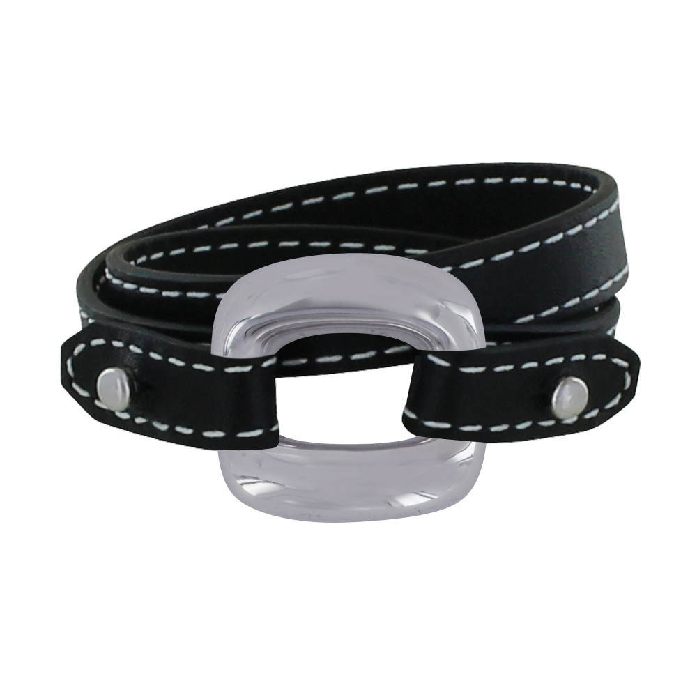 LES POULETTES BIJOUX Bracelet Double Tour Cuir et Maille Carrée Argent 925 - Noir