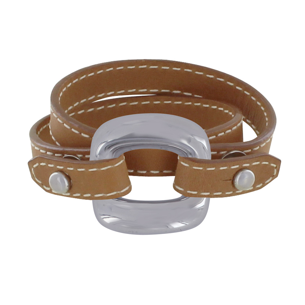 LES POULETTES BIJOUX Bracelet Double Tour Cuir et Maille Carrée Argent 925 - Or