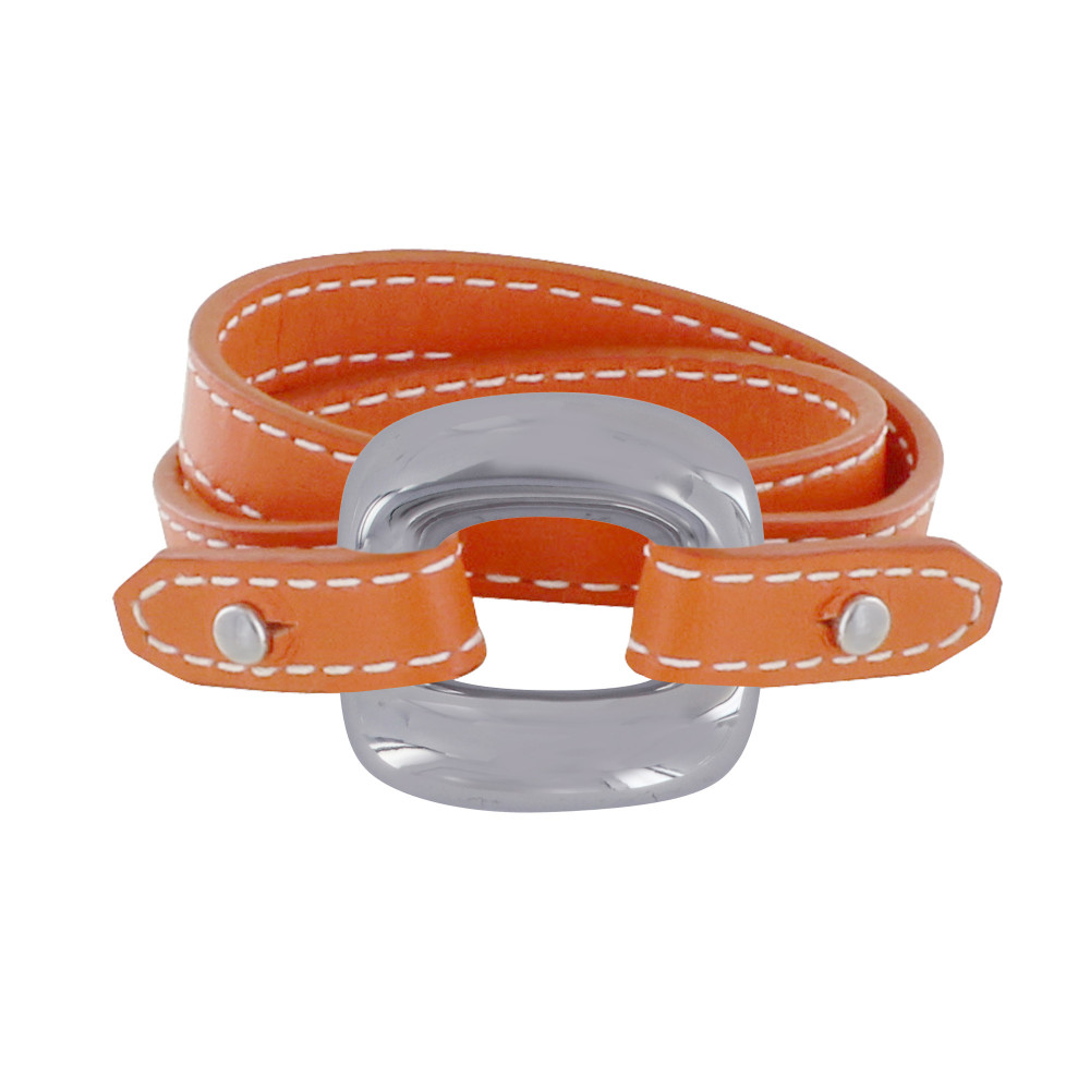 LES POULETTES BIJOUX Bracelet Double Tour Cuir et Maille Carrée Argent 925 - Orange