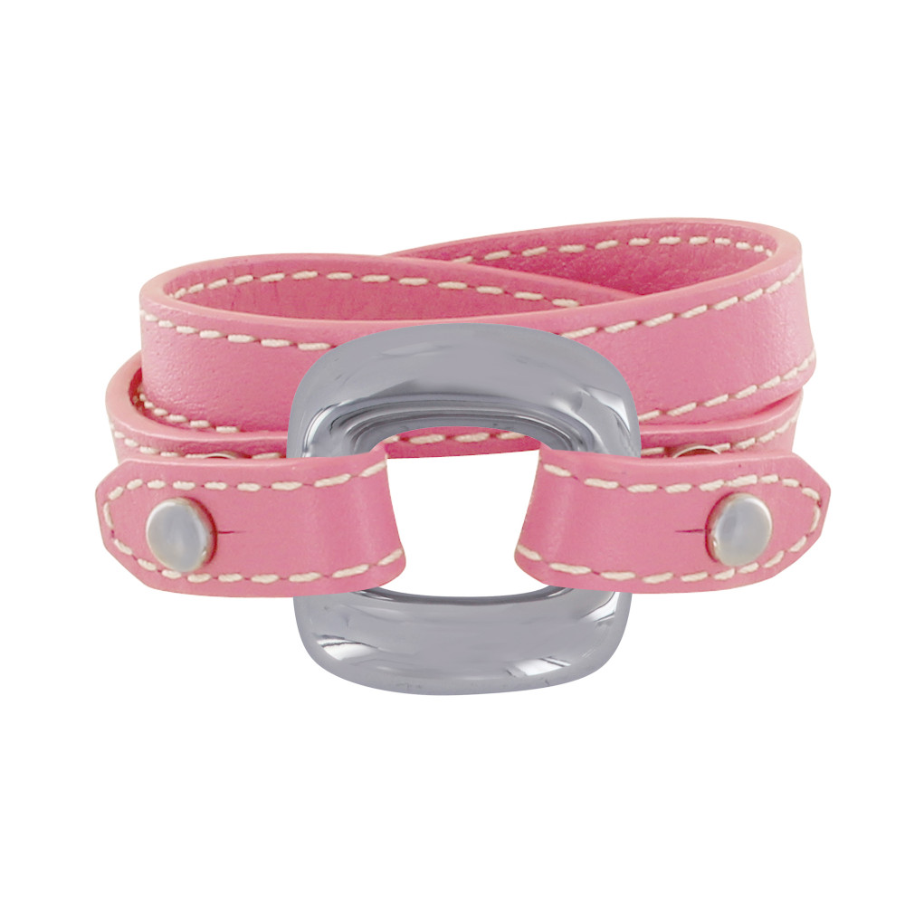 LES POULETTES BIJOUX Bracelet Double Tour Cuir et Maille Carrée Argent 925 - Fuchsia