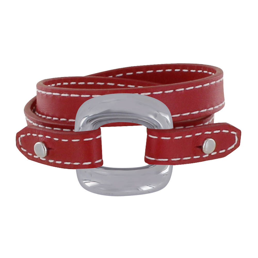 LES POULETTES BIJOUX Bracelet Double Tour Cuir et Maille Carrée Argent 925 - Rouge