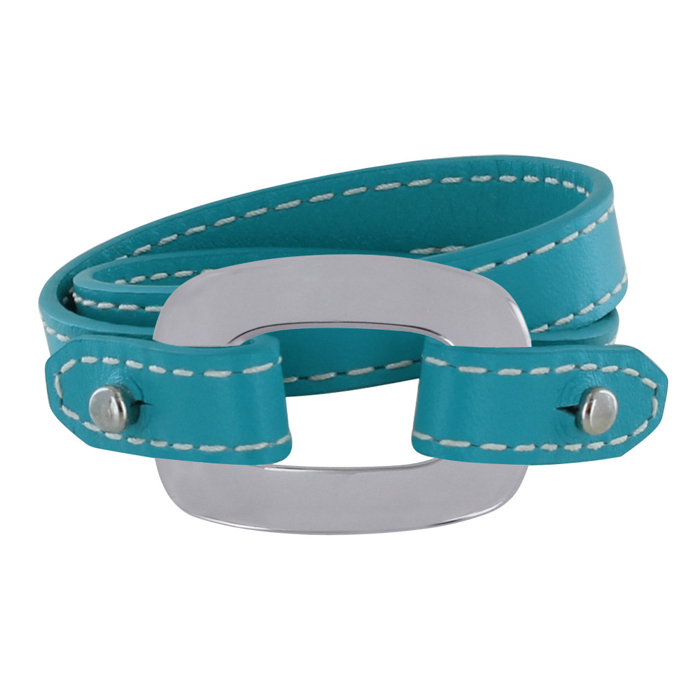 LES POULETTES BIJOUX Bracelet Double Tour Cuir et Maille Rectangle Plate Argent 925
